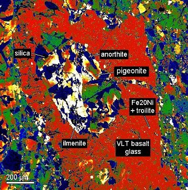 False-color BSE image showing melted basalt clast.