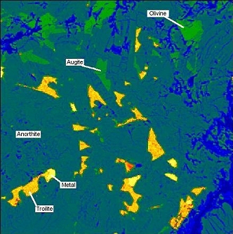 False color, back scattered electron image of impact melt matrix.