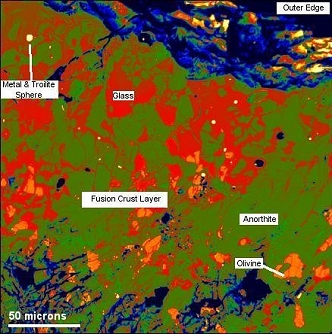 False color, back scattered electron image of fusion crust.