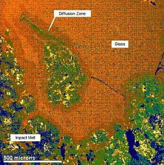 False color, back scattered electron image from electron microprobe analysis.