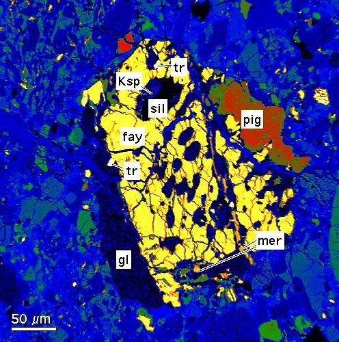 Fayalite-rich clast (yellow) associated with silica+K-feldspar intergrowth, troilite, merrillite, pigeonite and glass.